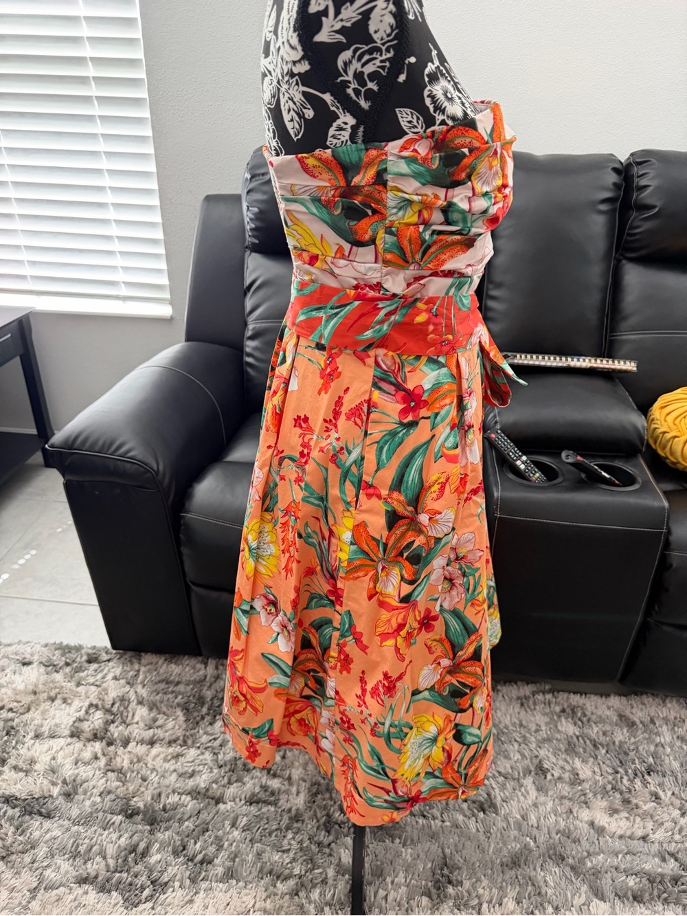 White House Black Market Orange/Cream Smocked Floral Dress w/removable straps - Picture 8 of 12